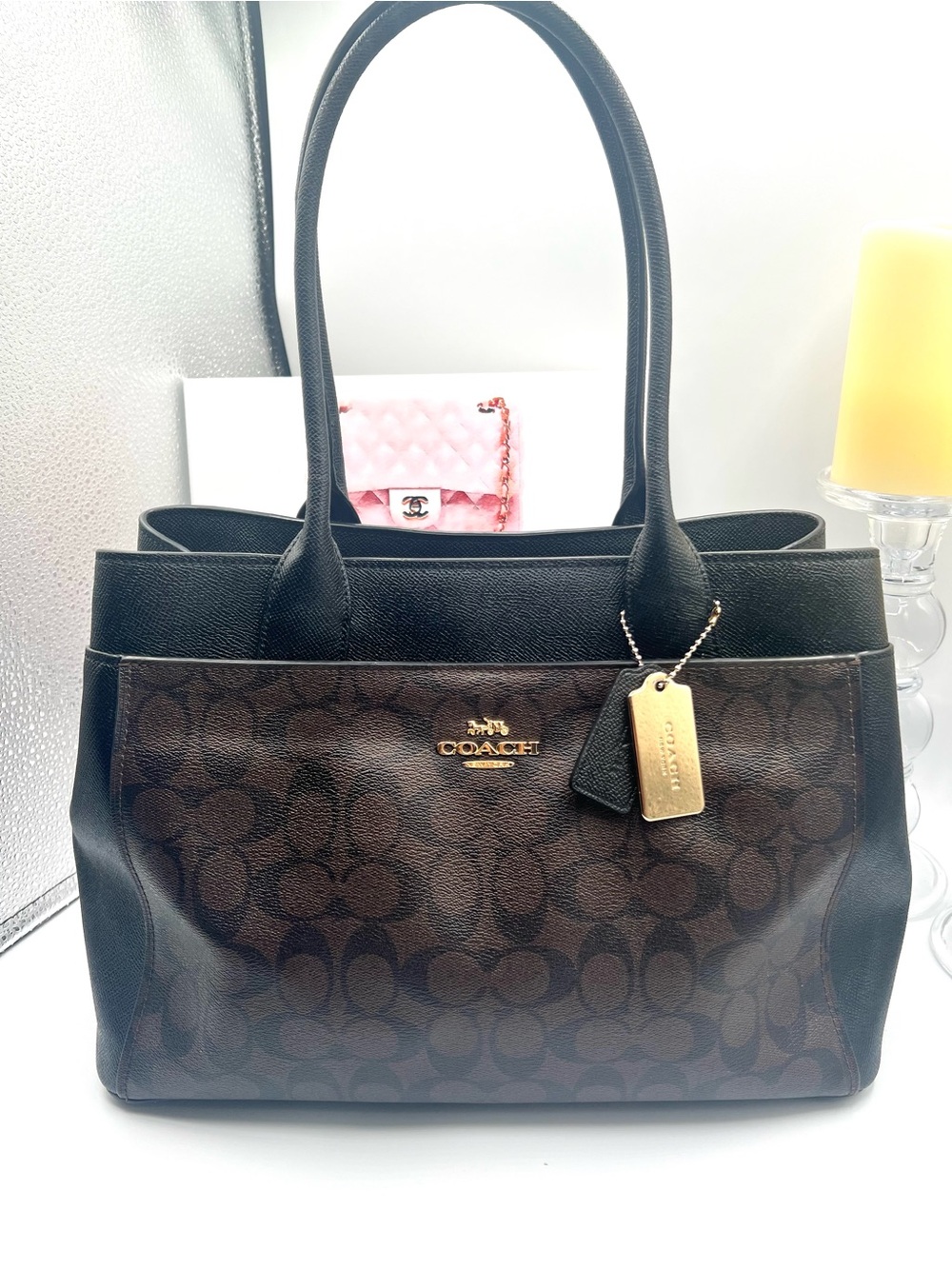 Coach Dark Brown & Black Signature Canvas Tote with Gold Hardware